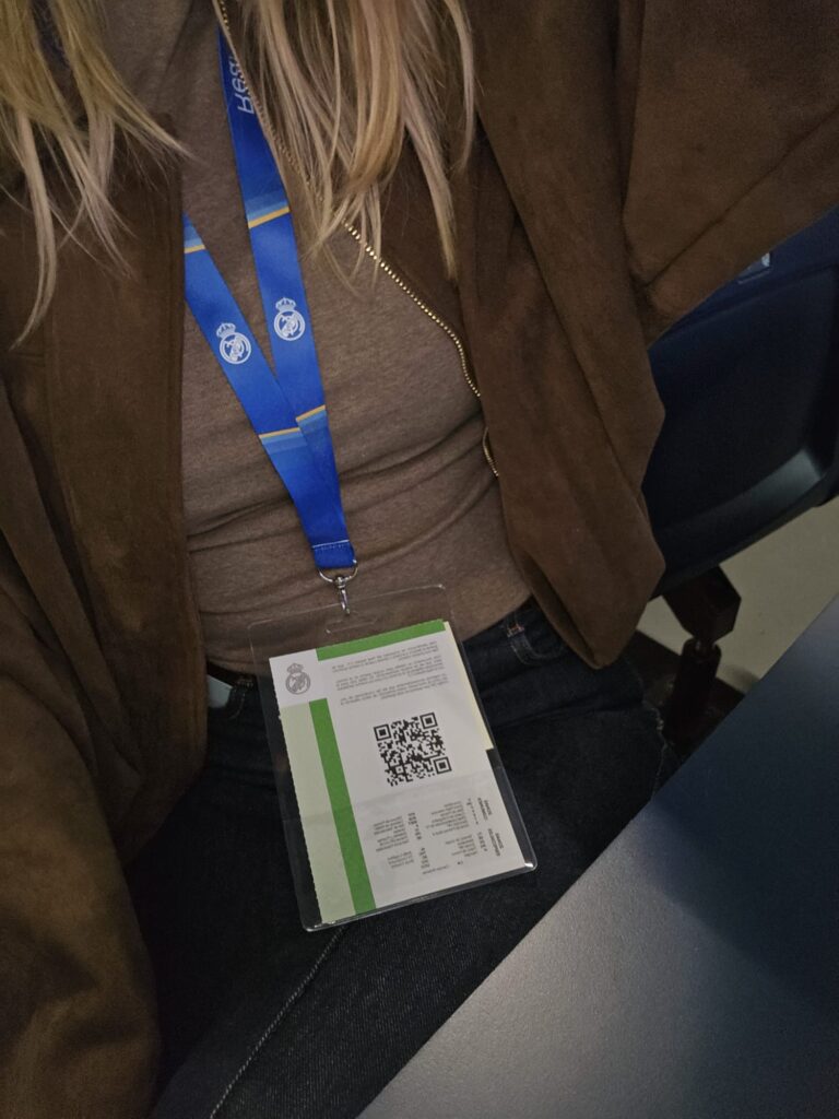 Press pass and media lanyard at Santiago Bernabéu Stadium during Real Madrid vs Juventus.